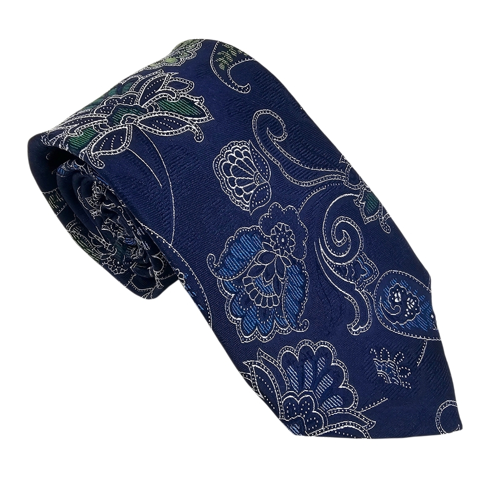 PAUL FREDRICK Navy Blue Floral Paisley Silk Tie Classic Bold